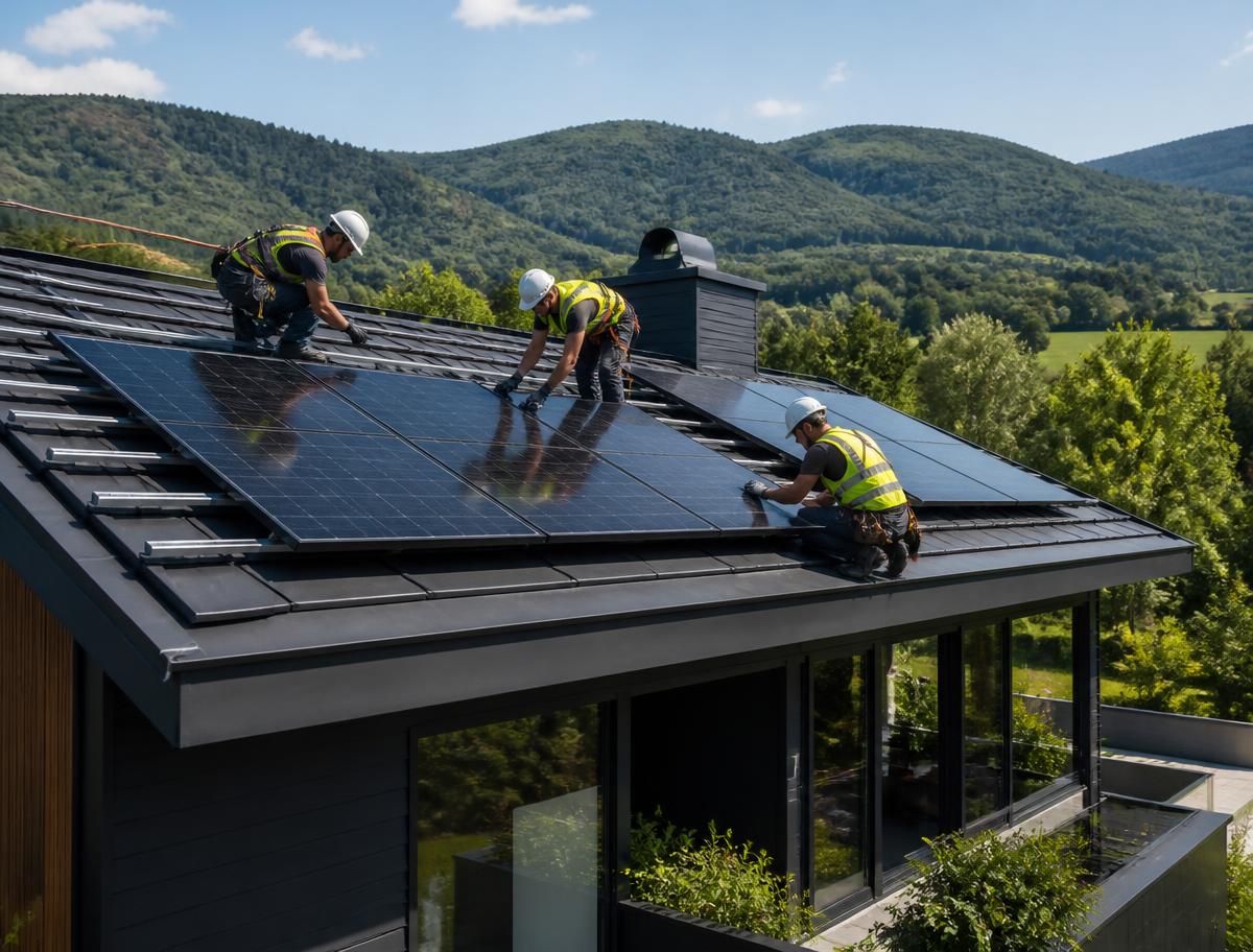 Técnicos de Enersa Solar instalando paneles solares en un techo