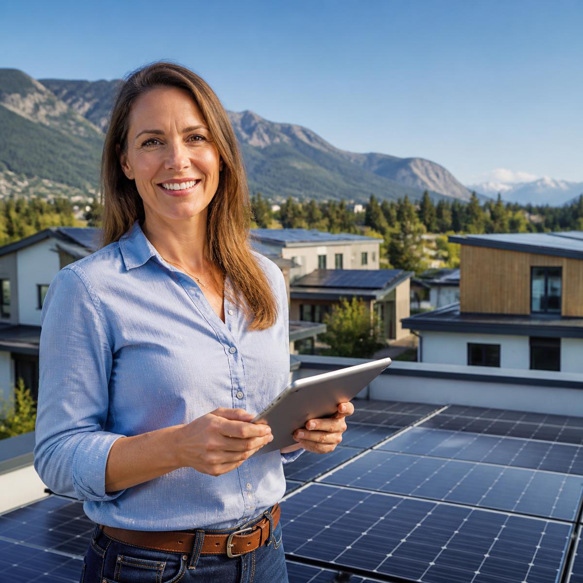 Mujer revisando el rendimiento de su sistema solar en una tablet